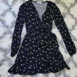 Long Sleeve Black Floral Printed V Neck Wrap Dress